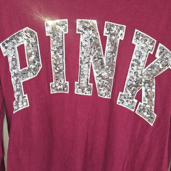 PINK Victoria's Secret Tops - PINK Victoria’s Secret Burgundy Silver Bling Logo Varsity Campus Y2K T-Shirt S